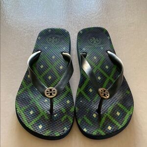 Tory Burch Green and Blue Flip Flops Size 10